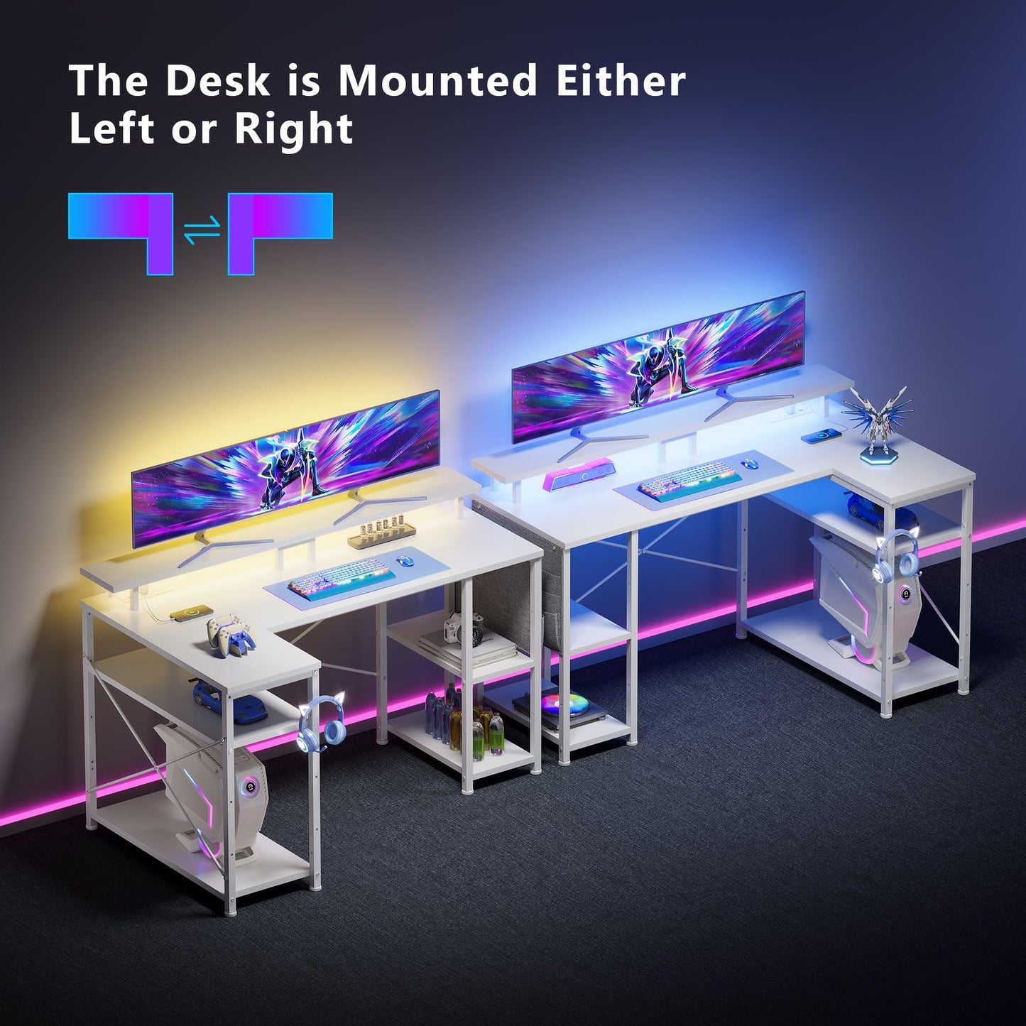 Maihail 51 inch L Shaped Desk with LED Lights & Power Outlets, Reversible Gaming Desk with Shelves & Monitor Stand, Computer Desk with Storage Side Bag，Corner Desk for for Bedroom Gaming Room, White.