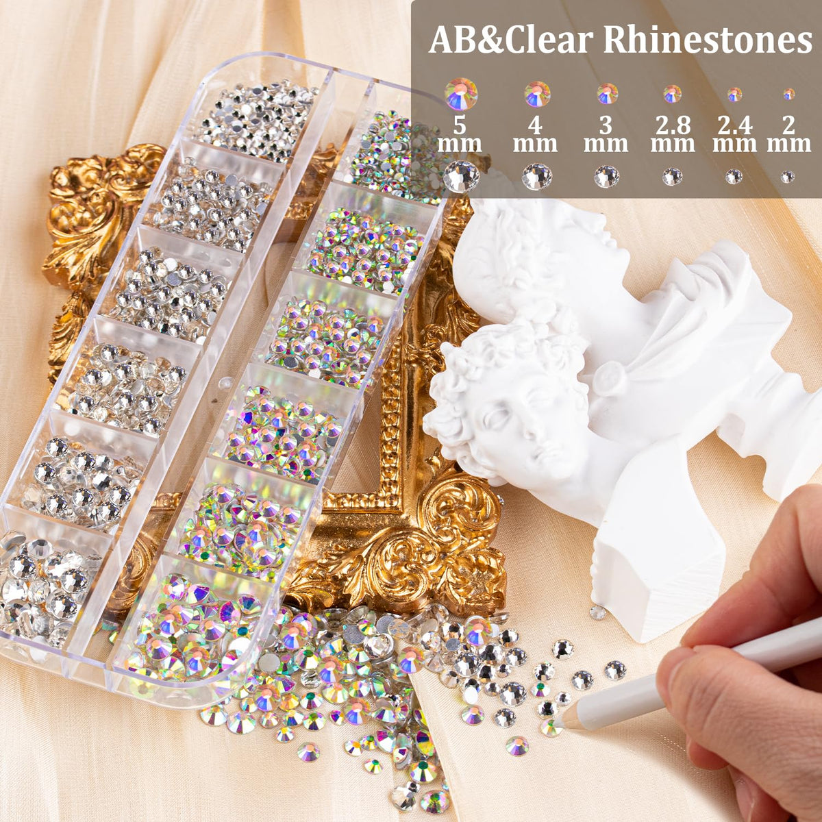 Colorful Face Gems for Makeup Set, Flatback Gorgeous AB&Clear Gems, Mixed-Colored Crystals with Tweezer+Picker Pencil+Makeup Glue+Dual-End Dotting Tool for Eye Hair Body Make-up and Nail Art Deco