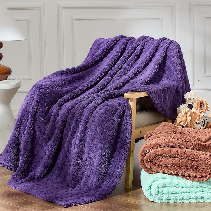 NEWCOSPLAY Super Soft Throw Blanket Purple Premium Silky Flannel Fleece 3D Waffle Checkered Lightweight Bed Blanket All Season Use (Dark Purple, Throw(50"x70"))