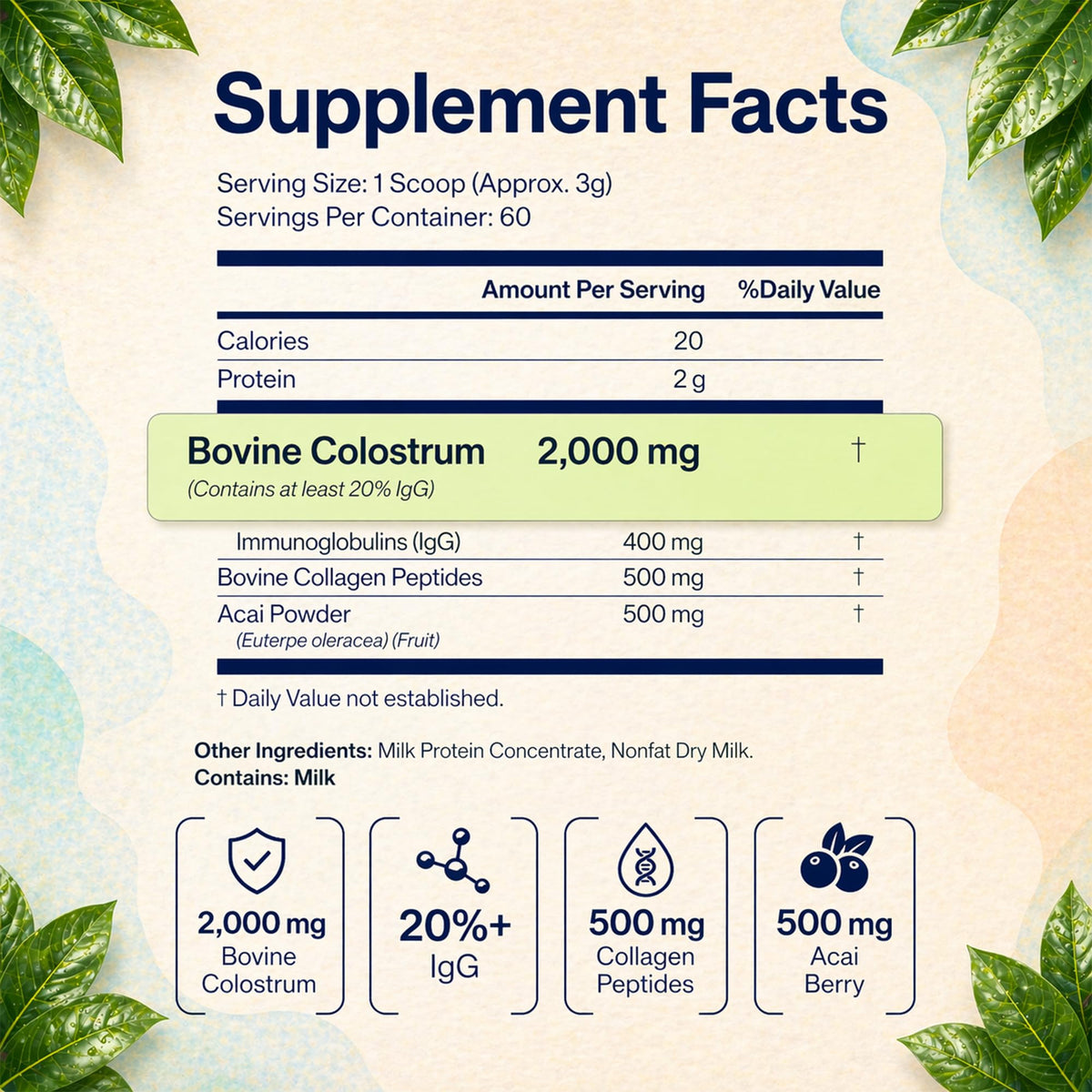 Luci Colostrum Powder 60 Servings 3 in 1 with Collagen Peptides and Acai, Bovine Colostrum for Gut Health, Bloating, Collagen Protein for Muscle, Skin, Hair, Nails and Immunity, Gluten & Fat Free 180g