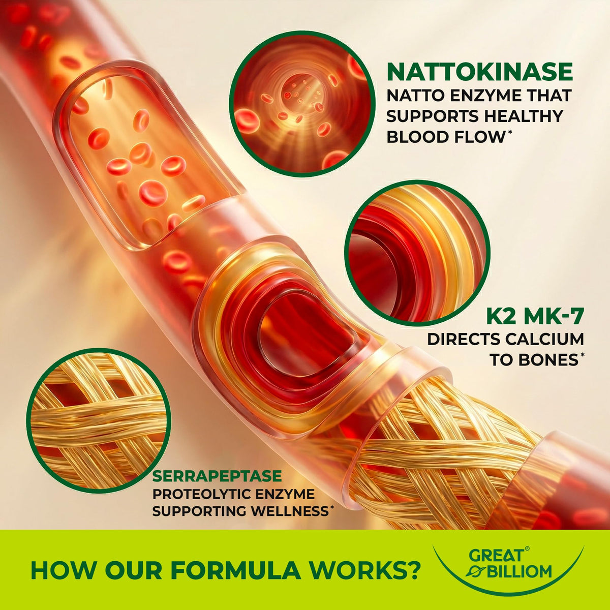 GREAT BILLIOM Nattokinase 10800 FU with Vitamin K2 MK-7 & Serrapeptase 240,000 SPU Supplement – Natto Enzyme, Heart Health Supplements for Blood Flow & Circulation Support, 90 Capsules