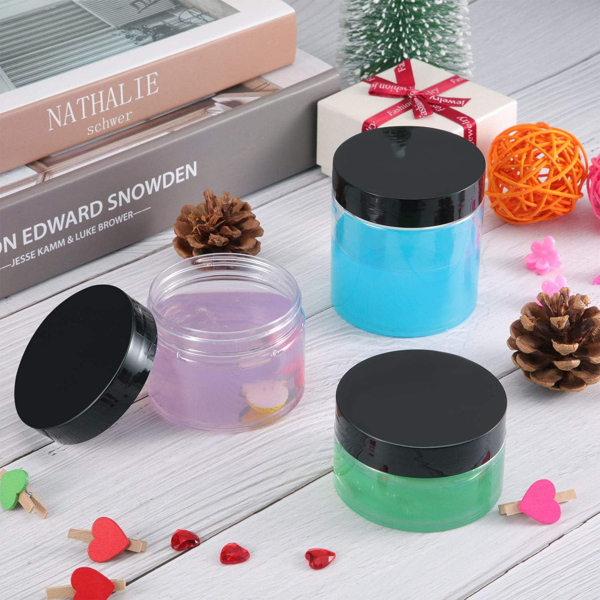 SATINIOR 24 Pieces Empty Clear Plastic Jars with Lids Round Storage Containers Wide-Mouth for Beauty Product Cosmetic Cream Lotion Liquid Butter Craft and Food (Black Lid, 4 oz)