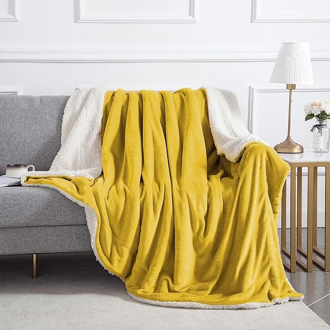 IR Imperial Rooms Sherpa Fleece Throw Blanket for Couch - Soft and Fuzzy Blanket for Winter - Reversible Thick and Warm Fluffy Throw Blankets for Bed, Sofa, Camping and Travel, Yellow, 50x60 Inches