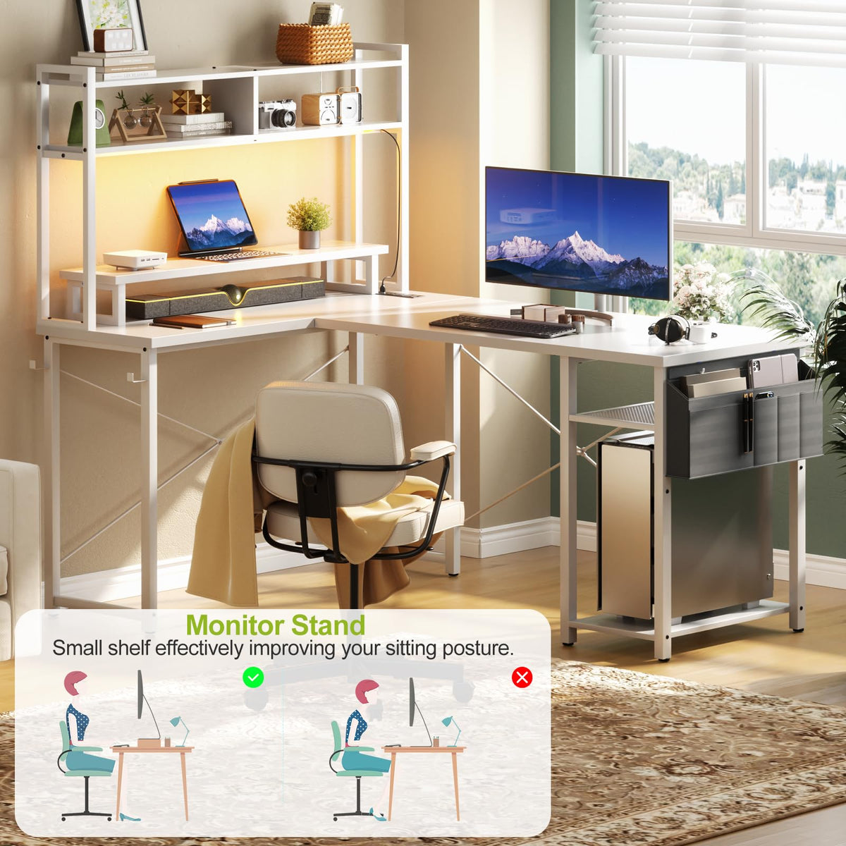Besiost Small L Shaped Desk Gaming Desk with Power Outlets, 48" Reversible L Shaped LED Computer Desk with Monitor Stand & Storage Shelf, Corner Gamer Desk Home Office Desk with Storage Bag, White