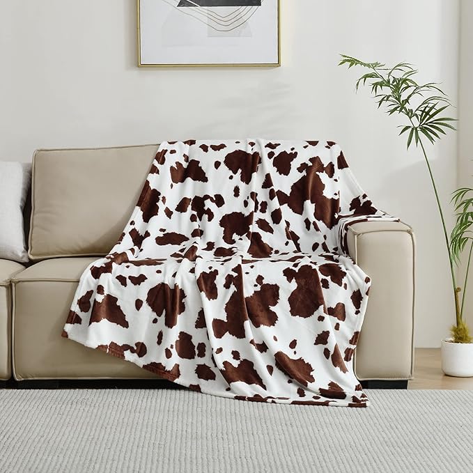 SOCHOW Cow Print Fleece Throw Blanket for Sofa Couch, Soft Lightweight Cozy Warm Home Decor Flannel Blanket, Cute Animal Blanket for Kids Boys Girls, Brown 50 x 60 Inches