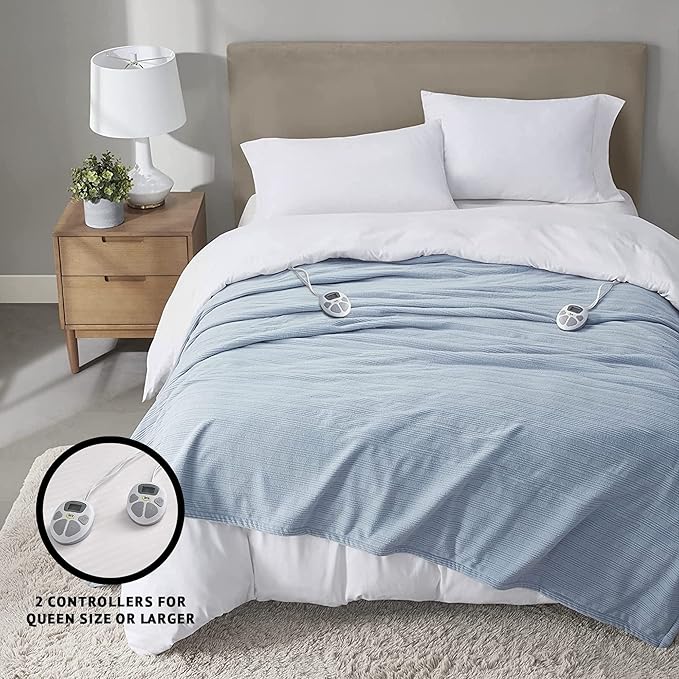 Serta Travis Fleece Ultra Soft Tri-Rib Textured Electric Blanket, Cozy and Snuggly Cover Fast Heating for Cold Weather, Auto Shut Off, Multi Heat Setting Controller, Queen, Dusty Blue