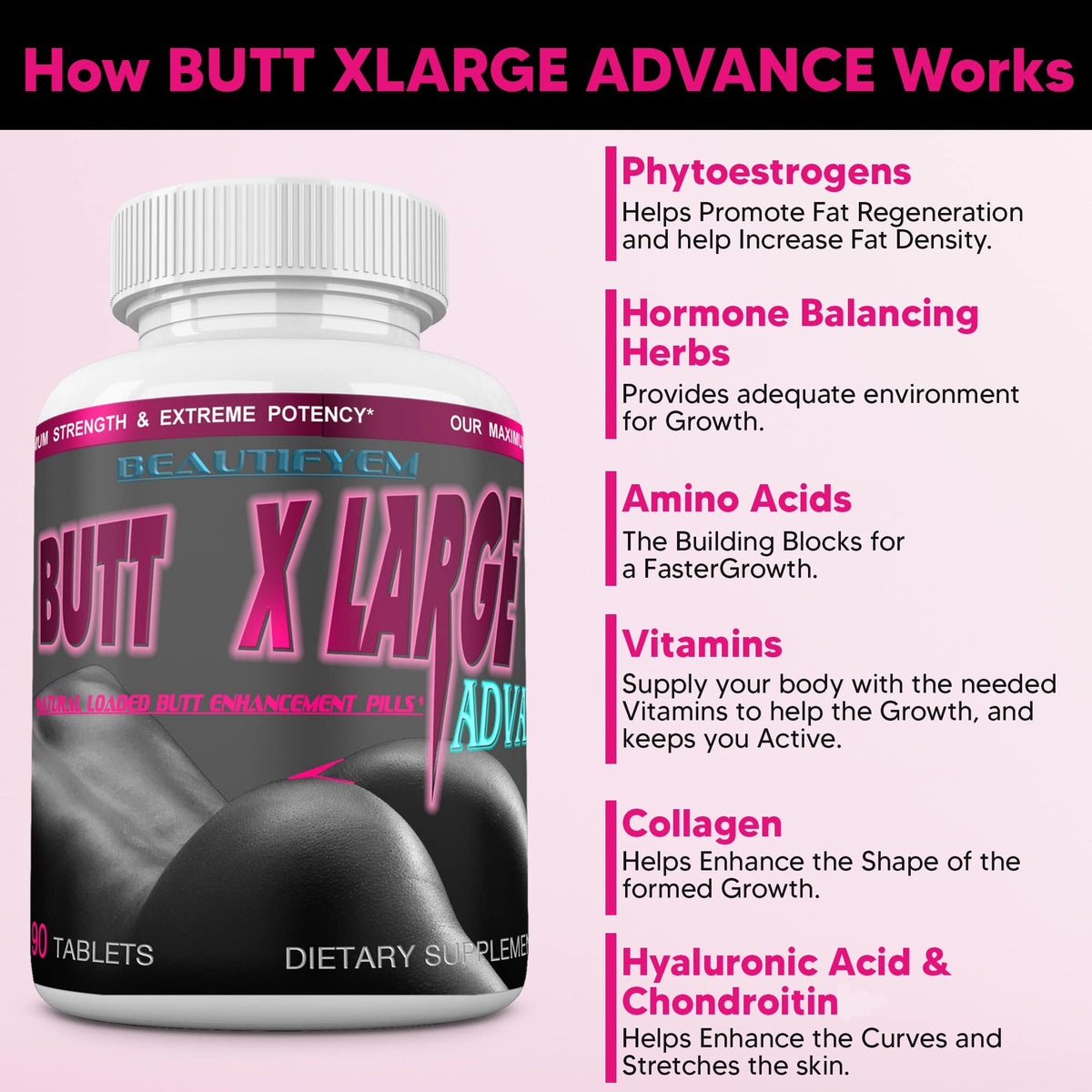 BEAUTIFYEM Butt X-Large Advance Butt Enlargement, Booty Enhancement. Butt Enhancer Pills. Fast Curved Bigger Glutes. 90 Tablets (Not a Butt Cream)