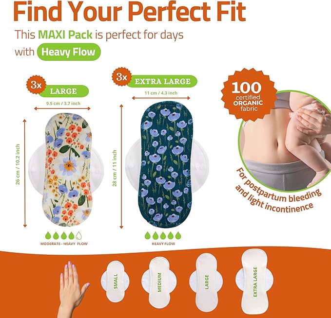 Organic Cotton EcoComfort Reusable Period Pads for Heavy Flow & Incontinence (L+XL, 6-Pack); High-Temp Washable Cloth Pads for Women; Non-Irritating, Soft Reusable Pads Menstrual for Comfortable Care