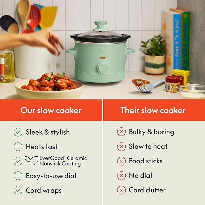 bella 1.5 Qt Slow Cooker with 3 Heat Manual Control, EverGood™ Ceramic Nonstick Coating, Dishwasher Safe Stoneware Pot and Tempered Glass Lid, Tangle Free Cord Wrap & Cool Touch Handles, Seaglass