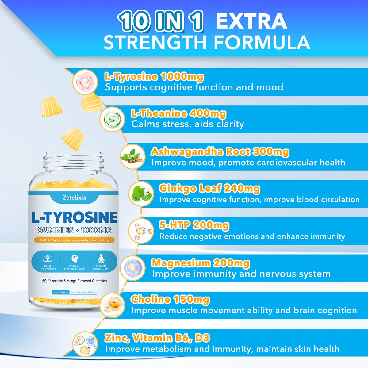 L Tyrosine Gummies, 2 Pack L-Tyrosine Supplement, Tyrosine Gummies with L-Theanine B6 D3, Tyrosine Supplement for Brain, Memory, Energy, Mood for Adult & Kids, Pineapple & Mango Flavor, 120 Ct