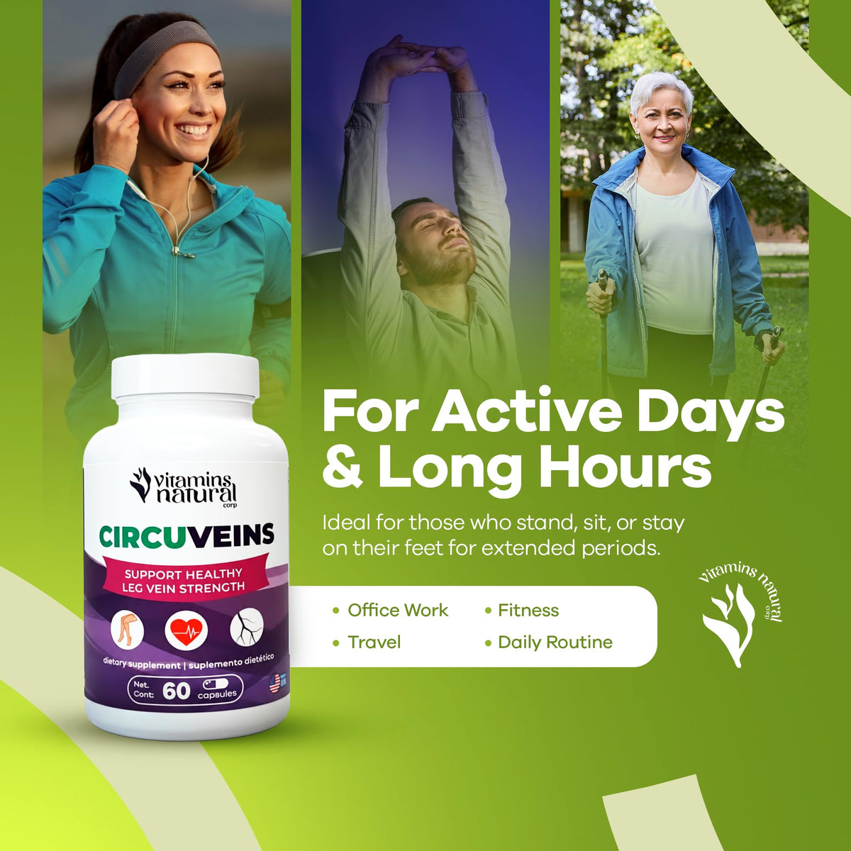 VITAMINS NATURAL CORP CircuVeins Circulation Support Supplement for Legs and Veins with Horse Chestnut Gotu Kola Butcher’s Broom and Grape Seed for Healthy Blood Flow and Leg Comfort – 60 Capsules