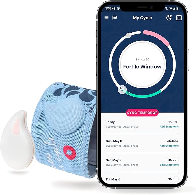 Tempdrop Fertility and Ovulation Digital Thermometer Tracker – Wearable Basal Body Temperature (BBT) Monitoring Sensor and Fertility Charting App Includes Comfortable Armband (S/M – 8.5-15.5 inch)