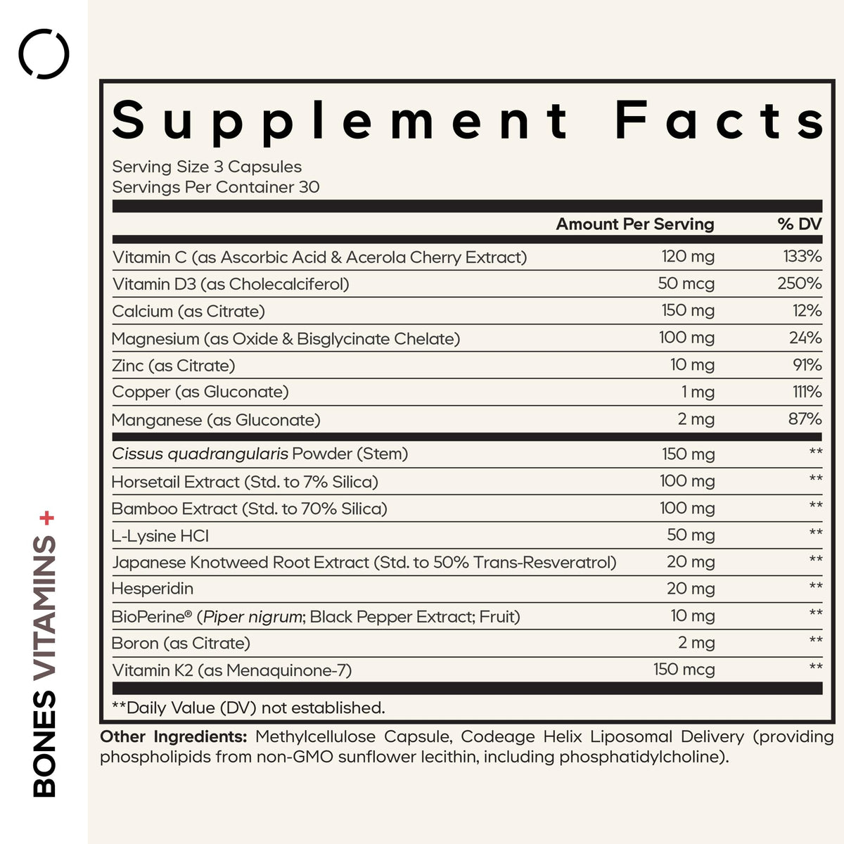 Codeage Bones Vitamins+ - Vitamin D3 & K2, Vitamin C, Calcium, Magnesium, Zinc, Hesperidin, L-Lysine, Manganese, Bamboo, Horsetail, Cissus, Boron, Trans-Resveratrol, Non-GMO Supplement - 90 Capsules