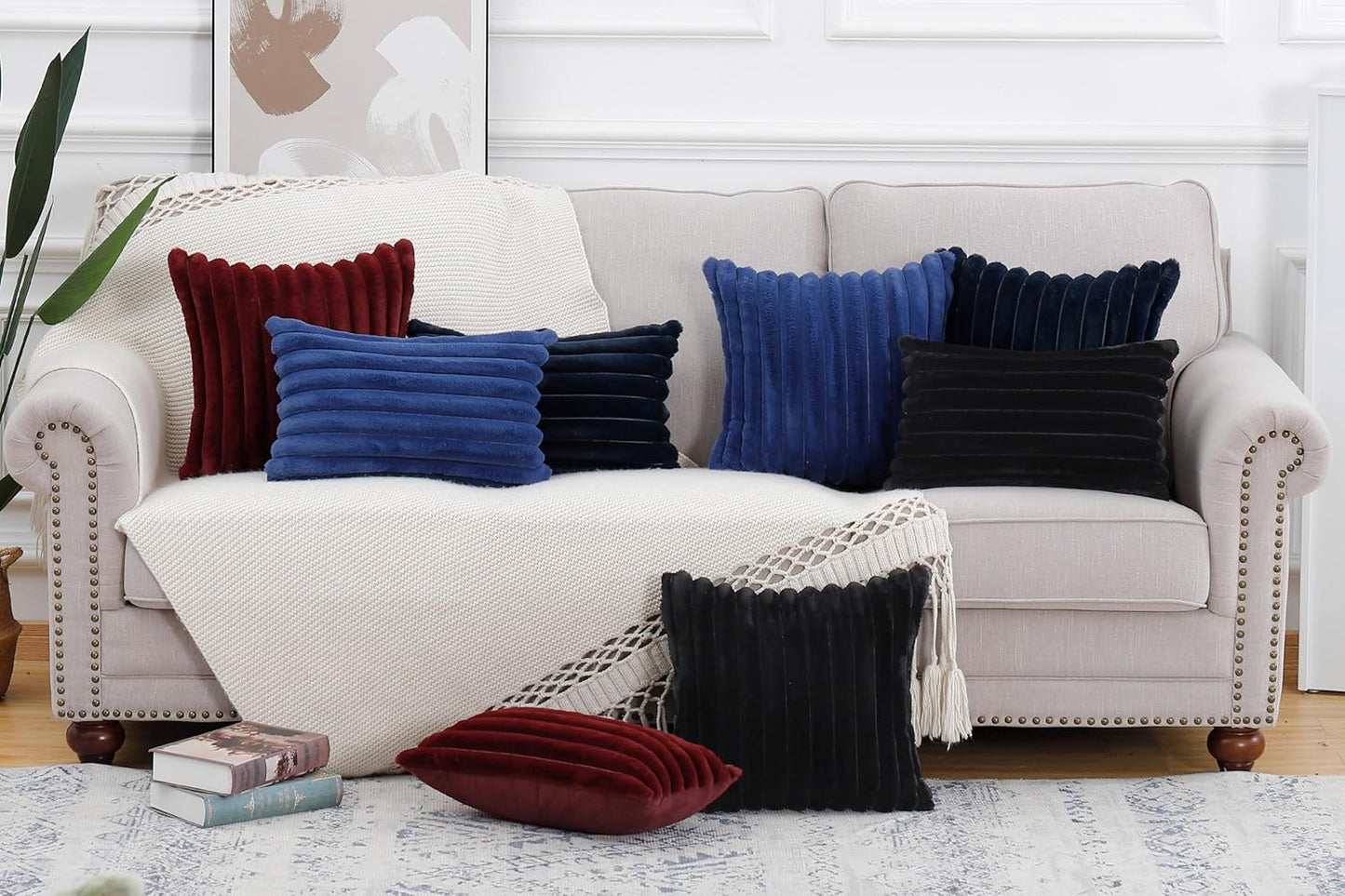 MADIZZ Set of 2 Faux Wool Plush Decorative Throw Pillow Covers 16x16 Inch Black Fluffy Striped Soft Decorative Cushion Cover for Sofa Bedroom Pillow Shell