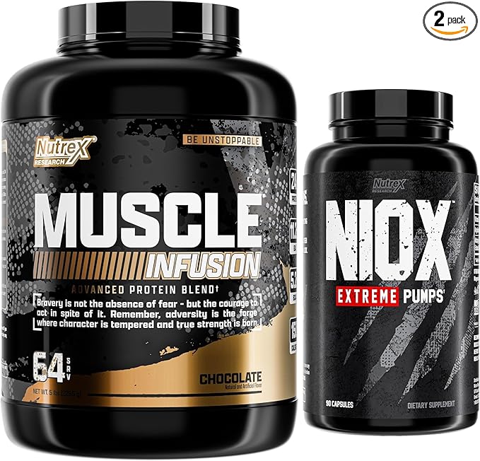 Nutrex Research Whey Protein Powder, Chocolate Muscle Infusion Whey Isolate Plus Niox Bundle
