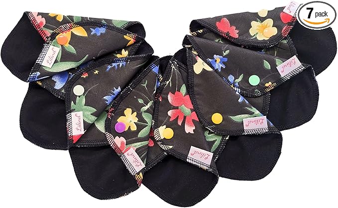 Lilind® 7 Pack Thong Pantyliners, Black Cloth Pads 100% Cotton Reusable Menstrual Sanitary Napkins, Free Wet bag, Complete set, Zero waste