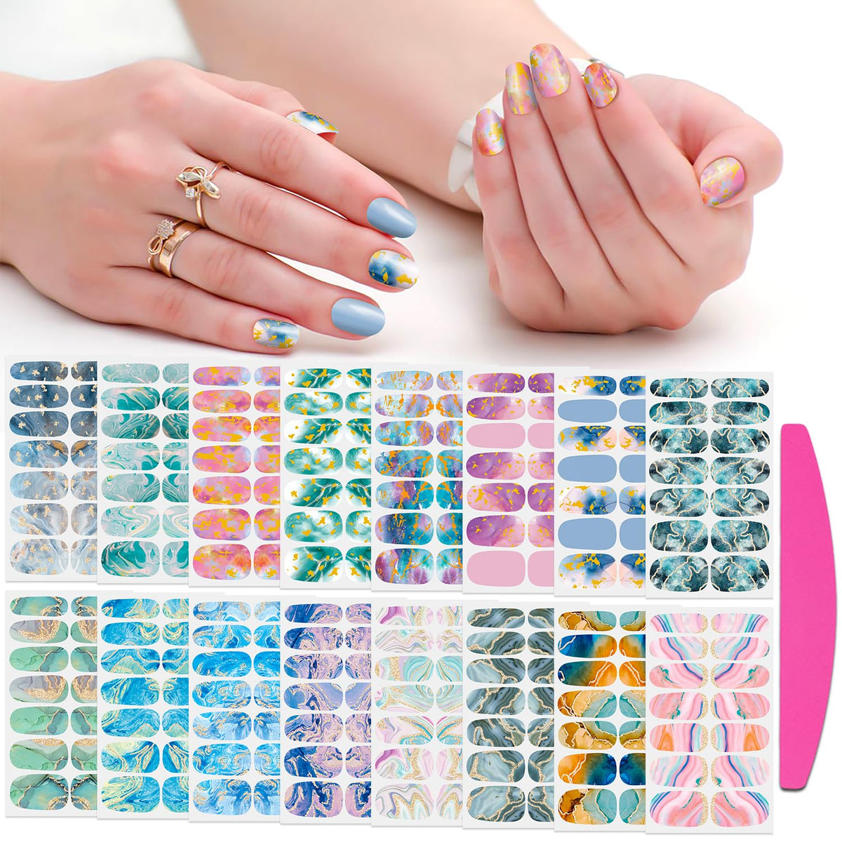 SILPECWEE 16 Sheets Nail Polish Stickers Full Nail Wraps Marble Nail Polish Strips Self Adhesive Gel Nail Strips Fingernails Sticker Nails for Women with 1pc File (Fancy Style)