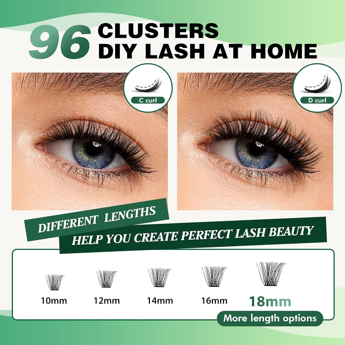 Lash Clusters 96pcs Individual Lashes D Curl 16mm Cluster Lashes KEYYOU Volume Wispy Lash Extension Soft&Comfortable Easy DIY at Home(Y11 D-16mm)