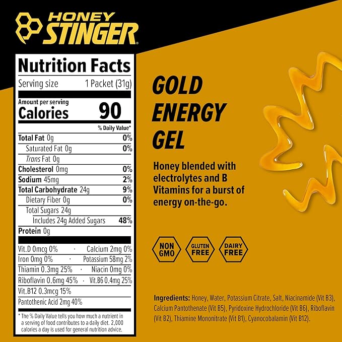 Honey Stinger Gold Energy Gel | Gluten Free & Caffeine Free | For Exercise, Running and Performance | Sports Nutrition for Home & Gym, Pre and Mid Workout | 12 Pack, 13.2 Ounce