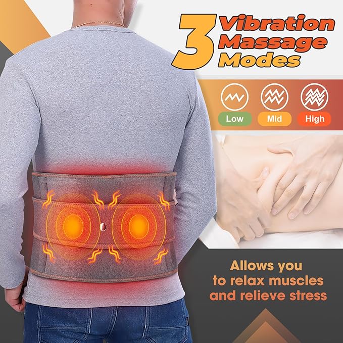 Cordless Heating Pad with Vibration for Back Pain Relief, XL Heated Back Belt Wrap with 3 Fast Heating and Vibration Massage Modes, 5000mAh Battery Operated Heat Pad for Back, Waist, Lumbar (Grey)