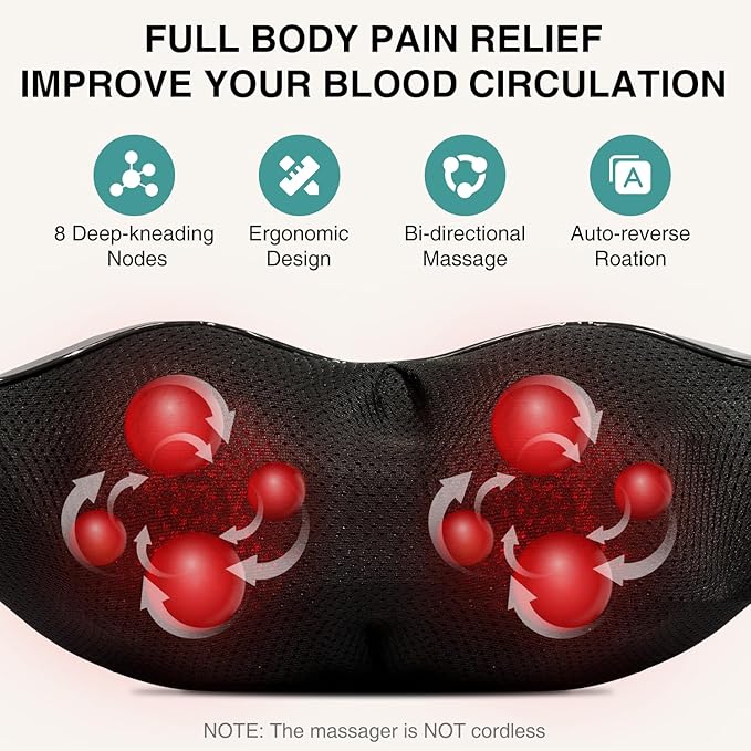 Shiatsu Neck and Back Massager with Soothing Heat, Electric Deep Tissue 3D Kneading Massage for Shoulder, Leg, Body Muscle Pain Relief, Home, Office, and Car