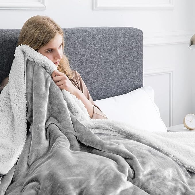 IR Imperial Rooms Sherpa Fleece Throw Blanket for Couch - Soft and Fuzzy Blanket for Winter - Reversible Thick and Warm Fluffy Throw Blankets for Bed, Sofa, Camping and Travel, Light Grey, 50x60Inches