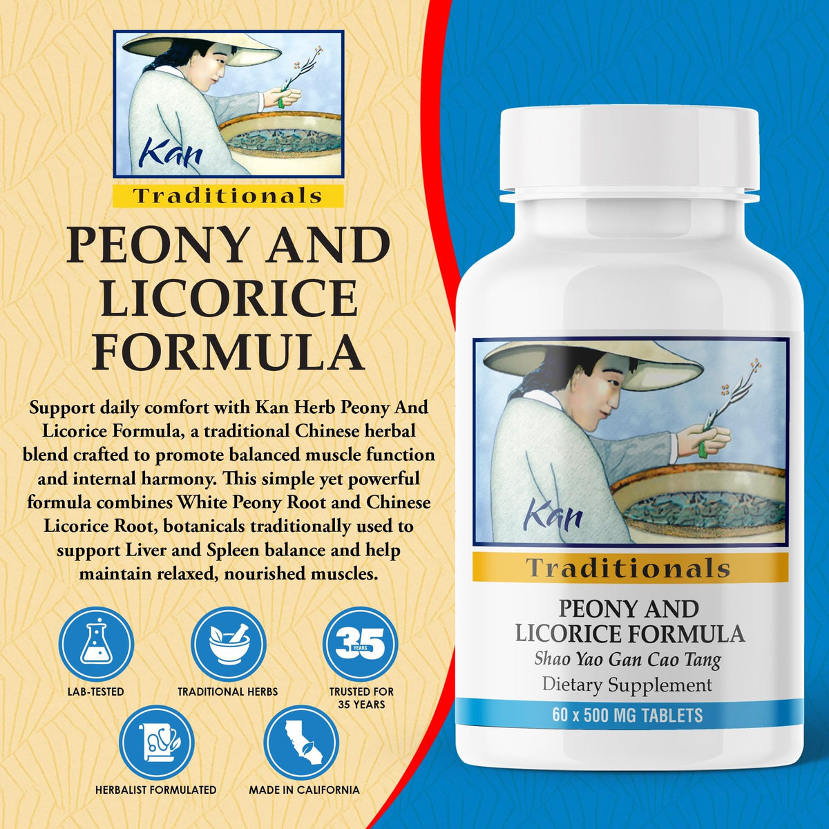 Kan Herbs Company Peony & Licorice Formula Tablets – Traditional Chinese Herbal Blend with White Peony Root & Chinese Licorice to Support Liver Balance, Muscle Comfort & Digestive Harmony, 60 Tablets