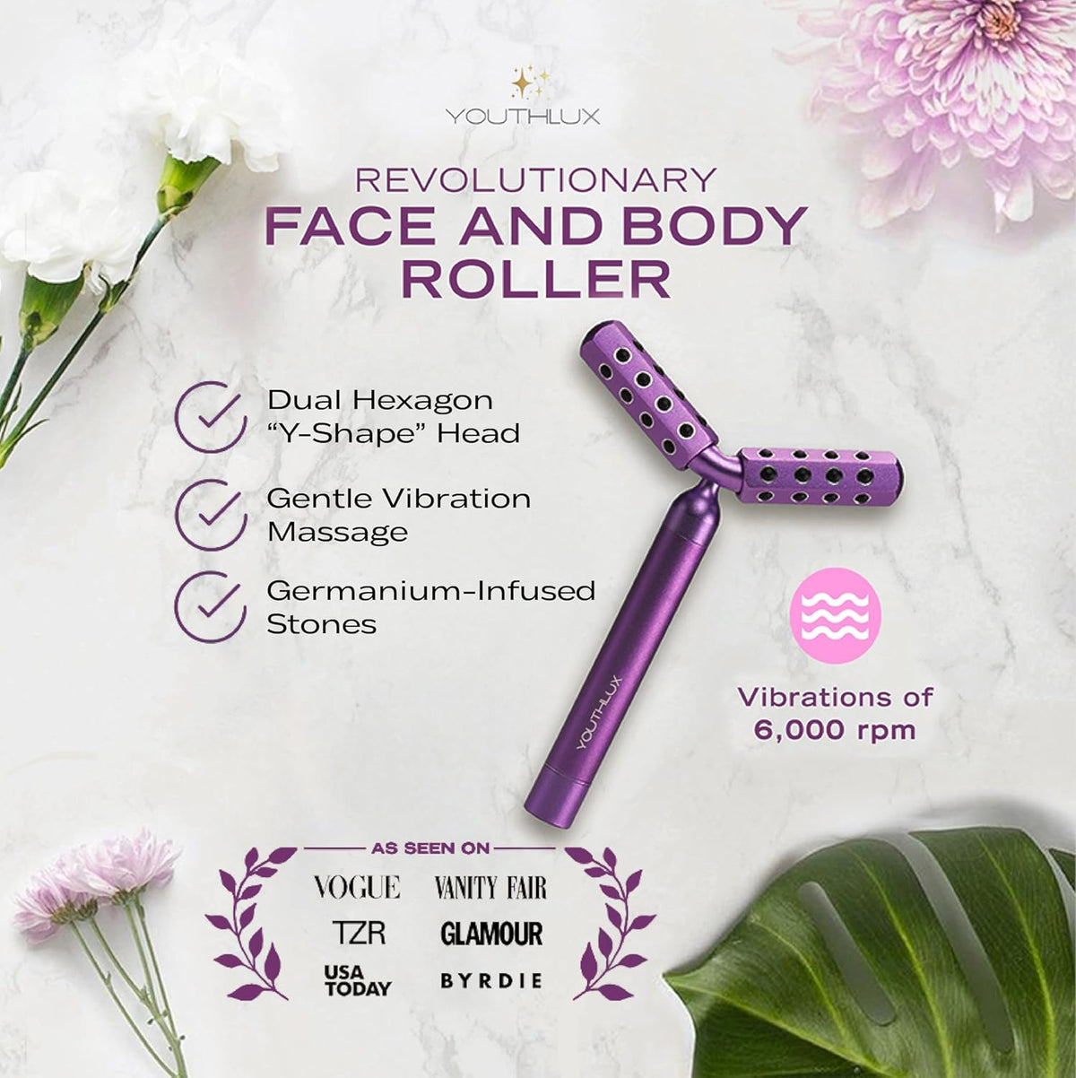 Revolution Roller - Germanium Stone Uplifting Face/Body Beauty Massage Tool/Roller/Wand for Skin Tightening/Firming, De-Puffing, Anti-Aging (Purple)