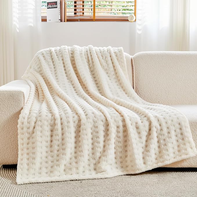 NEWCOSPLAY Super Soft Throw Blanket Ivory Premium Silky Flannel Fleece 3D Waffle Checkered Lightweight Bed Blanket All Season Use (Ivory, Throw(50"x70"))