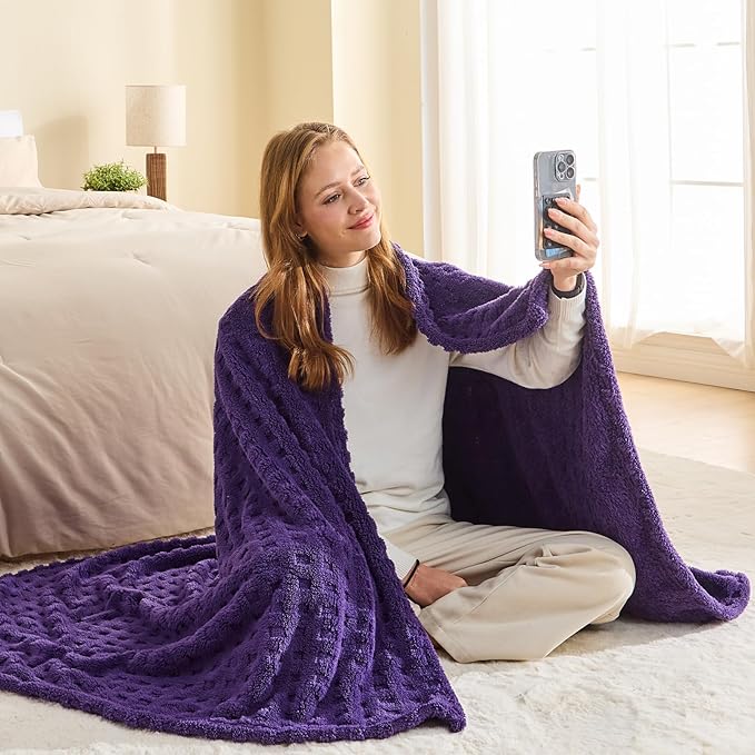 NEWCOSPLAY Super Soft King Blanket Purple Premium Silky Flannel Fleece 3D Waffle Checkered Lightweight Bed Blanket All Season Use (Dark Purple, King(90"x110"))