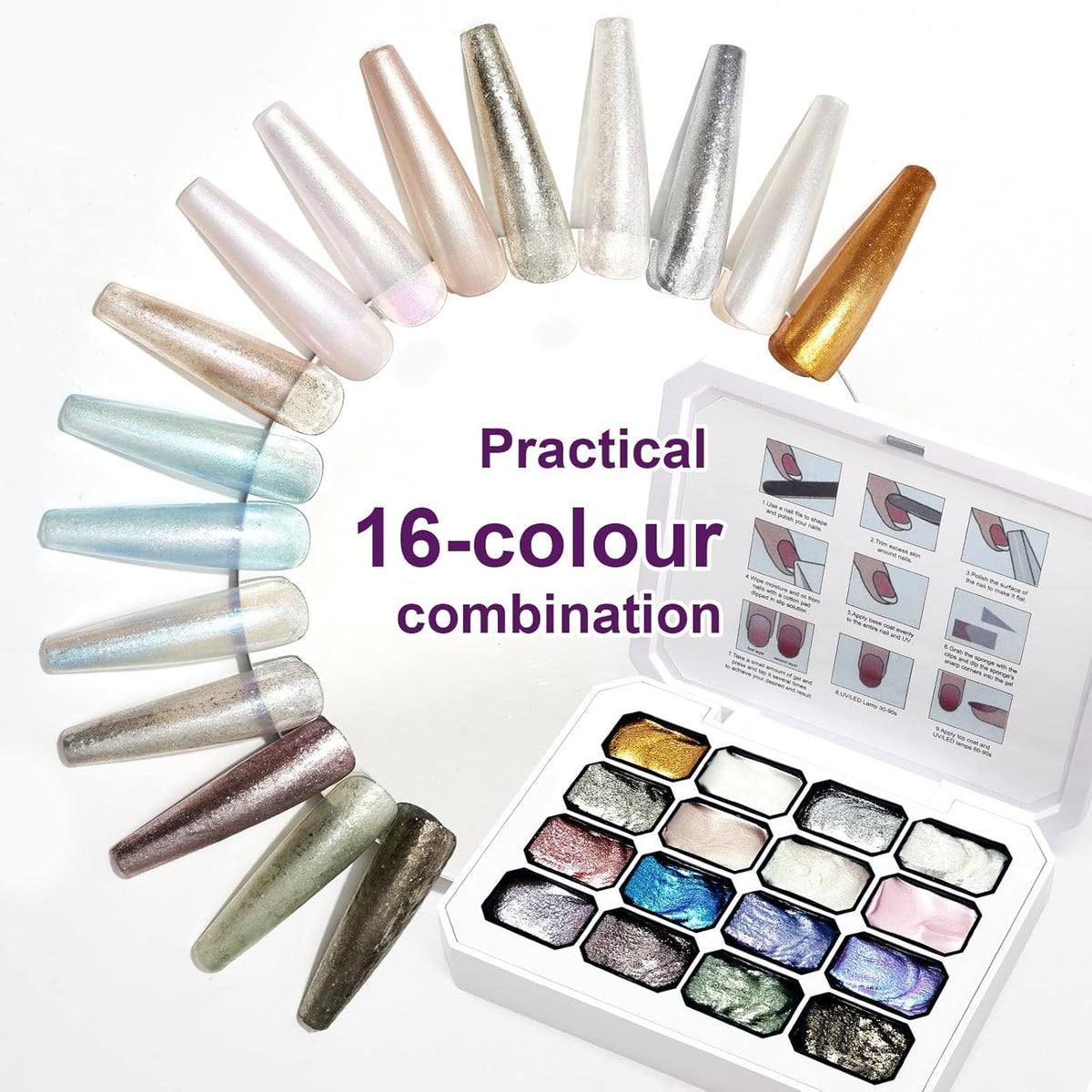 Gradient Painting Gel, 16 Gliter Colors Ombre Gel Nail Polish for Pigment Pat Silver&Gold Pink Blue Aurora color Bright Nails, French Manicure DIY Nail Art No-wipe Palette for Women