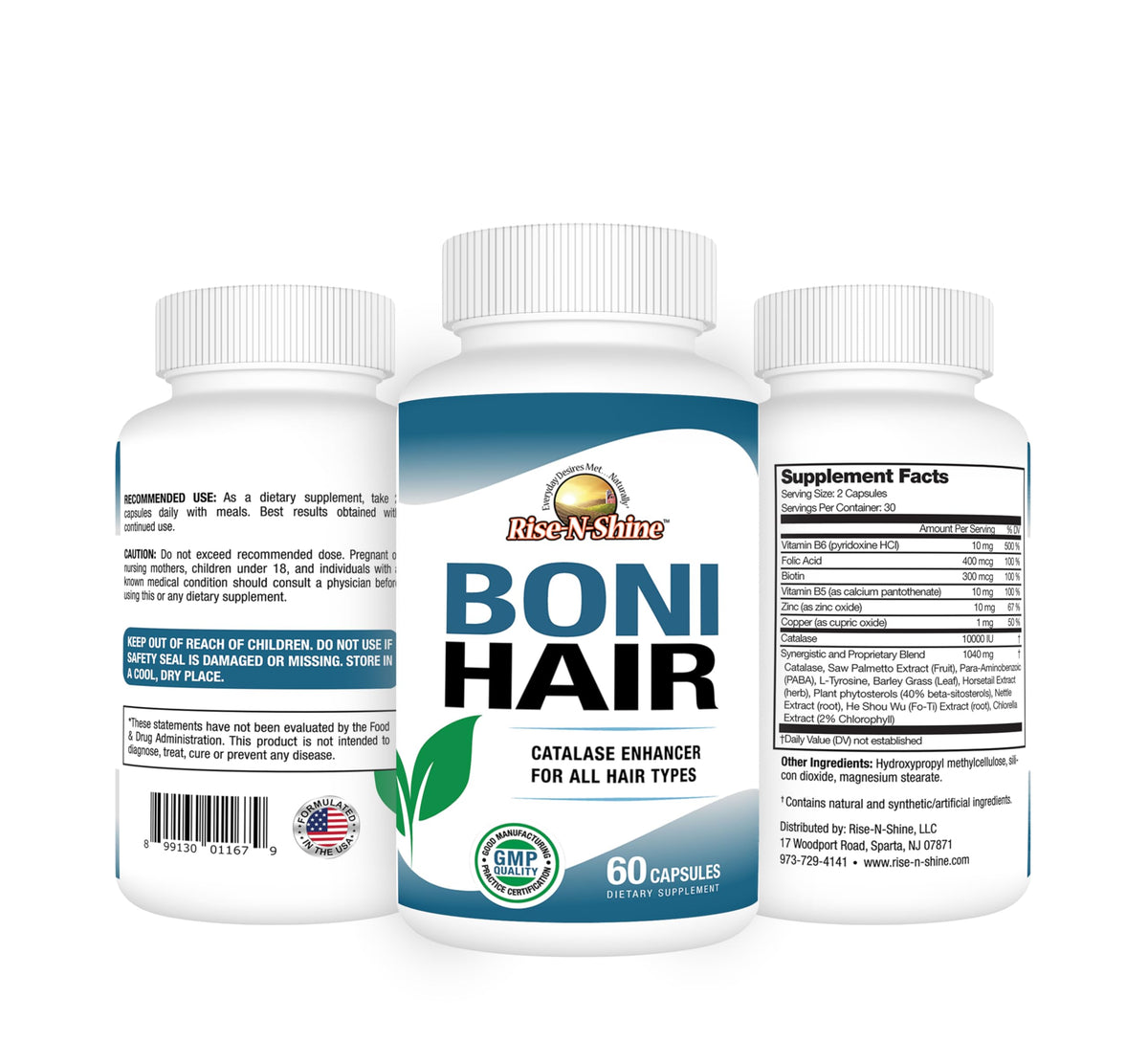 Rise-N-Shine BoniHair Catalase Supplement for Vibrant, Youthful Hair Support- 10,000 IU Catalase with Saw Palmetto, Biotin, Fo-Ti, PABA - 60 Capsules