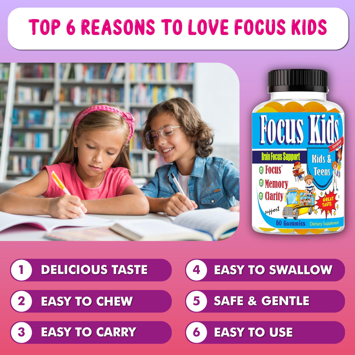 Focus Kids Gummies for Kids and Teens, Attention, Memory & Concentration, Focus Supplement for School & Study Brain Vitamins for Children DHA & Omega 3-6-9 – 60ct
