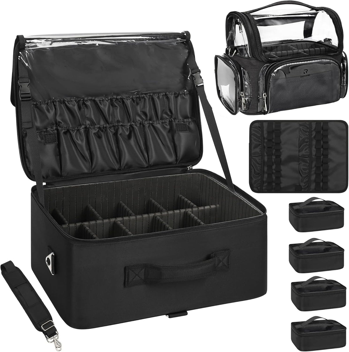 Relavel Extra Large Makeup Case Professional Cosmetic Storage Organizer Box Brush Holder with 4 Clear Set Bags & Lipstick Plate & Clear Makeup Brush Case for Makeup Artists Black