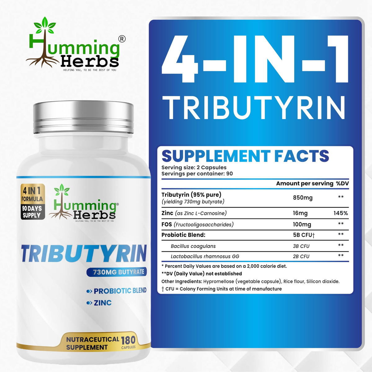 Humming Herbs Tributyrin Complex — 850 mg per Serving (95% Pure, yielding 731 mg Butyrate) with L-Glutamine, Zinc L-Carnosine, FOS & Probiotic Blend (180)