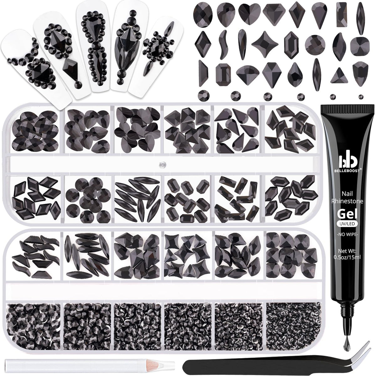 Glass Nail Rhinestones Multi-Shapes Flatback Gems, Round Crystal Glue Gel + 1500Pcs,arty Nails Diamond Gemstones