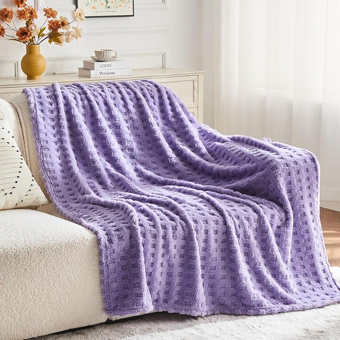 NEWCOSPLAY Super Soft Twin Blanket Lavender Premium Silky Flannel Fleece 3D Waffle Checkered Lightweight Bed Blanket All Season Use (Lavender, Twin(60"x80"))