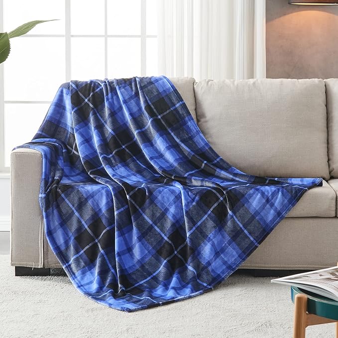 SOCHOW Flannel Fleece Throw Blanket 60 x 80 Inches, All Season Plaid Blue Blanket for Bed, Couch, Car