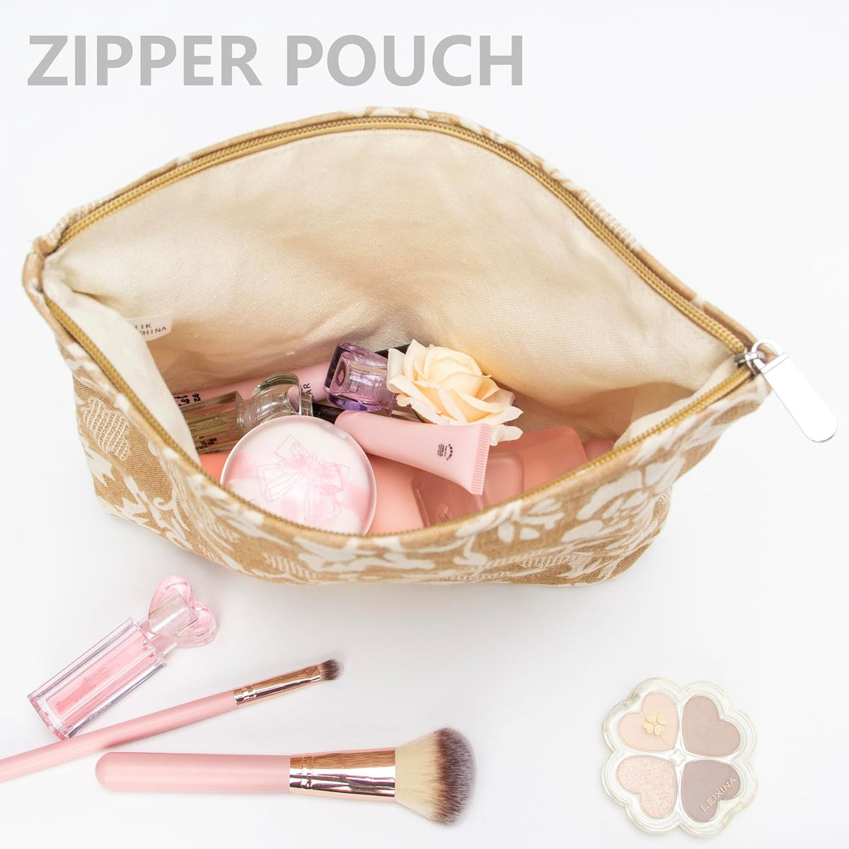 PAZIMIIK Makeup Bag Large Cotton Zipper Pouch for Purse Travel Canvas Make Up Organizer for Women Cosmetic,Rose Linen