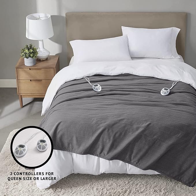 Serta Travis Fleece Ultra Soft Tri-Rib Textured Electric Blanket, Cozy and Snuggly Cover Fast Heating for Cold Weather, Auto Shut Off, Multi Heat Setting Controller, Queen, Charcoal