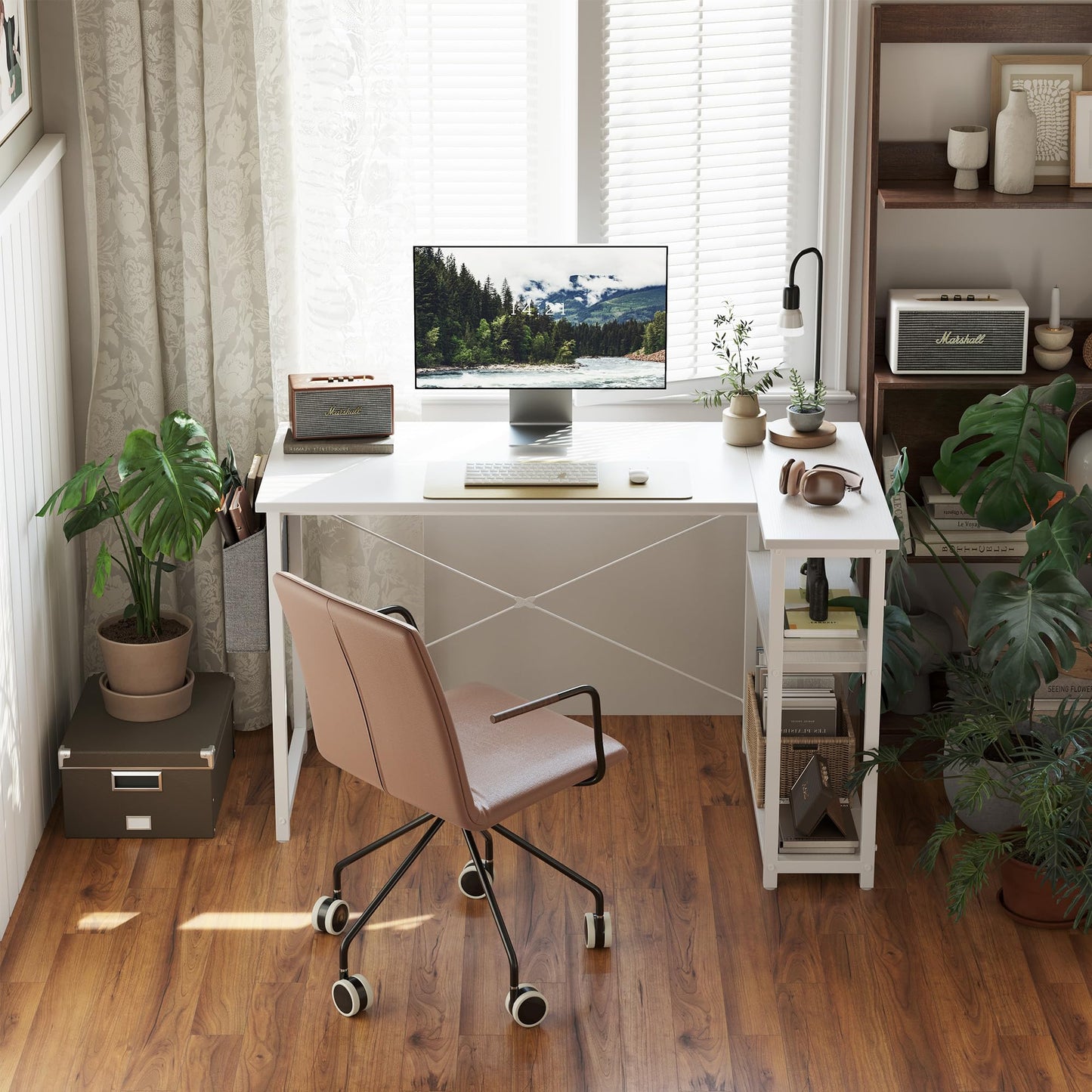 TENKIA L Shaped Desk, 40" Small Reversible Corner Computer Desk with Storage Shelves, Home Office Desk Study Writing Table, White