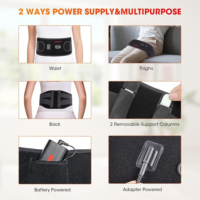 CUEHEAT Heated Waist Belt, Cordless Heating Pad for Low Back, Electrical Heating and Massage, Rechargeable Battery Powered (Black Upgraded,49 inches)