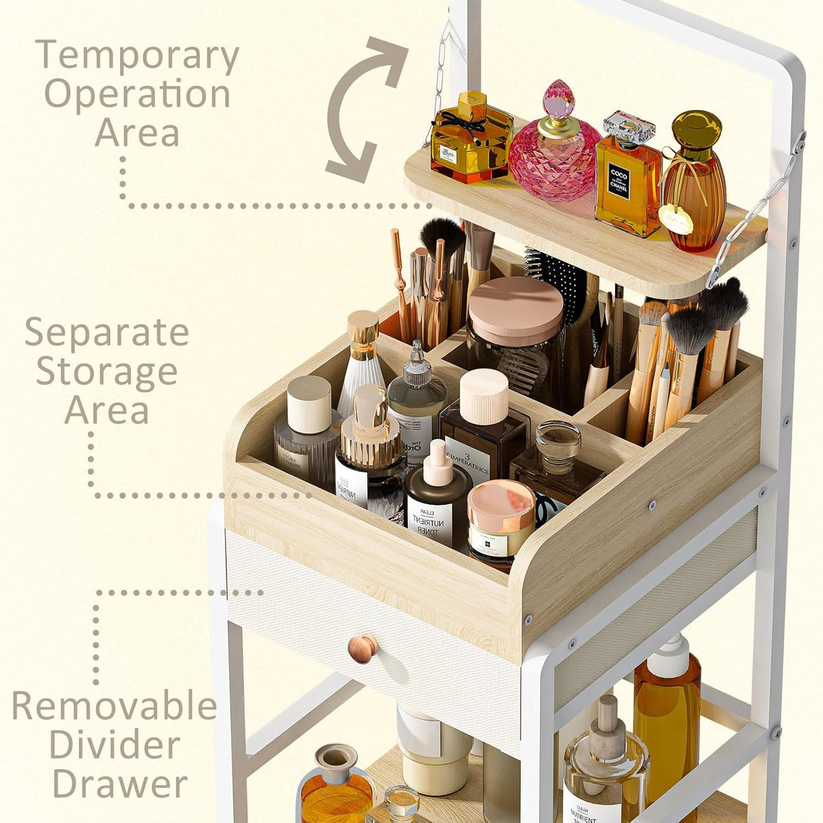 Wisdom Star Makeup Organizer Cart with 2 Drawers, Floor Skincare Organizers, Makeup Storage, Vanity Organizer, Cosmetics Display, Versatile Skin care Perfume Nail Polish Storage Rack for Bathroom
