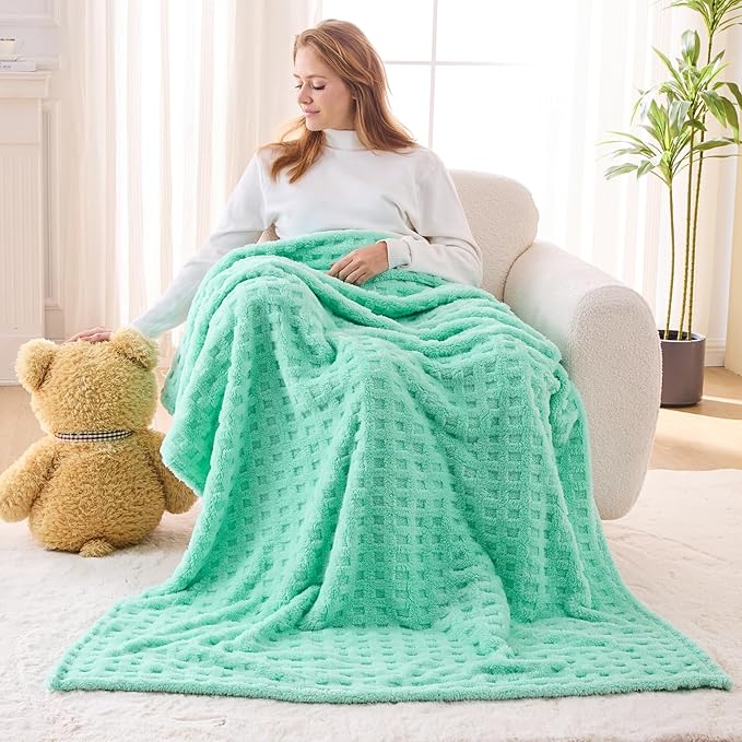 NEWCOSPLAY Super Soft Throw Blanket Aqua Premium Silky Flannel Fleece 3D Waffle Checkered Lightweight Bed Blanket All Season Use (Aqua, Throw(50"x70"))