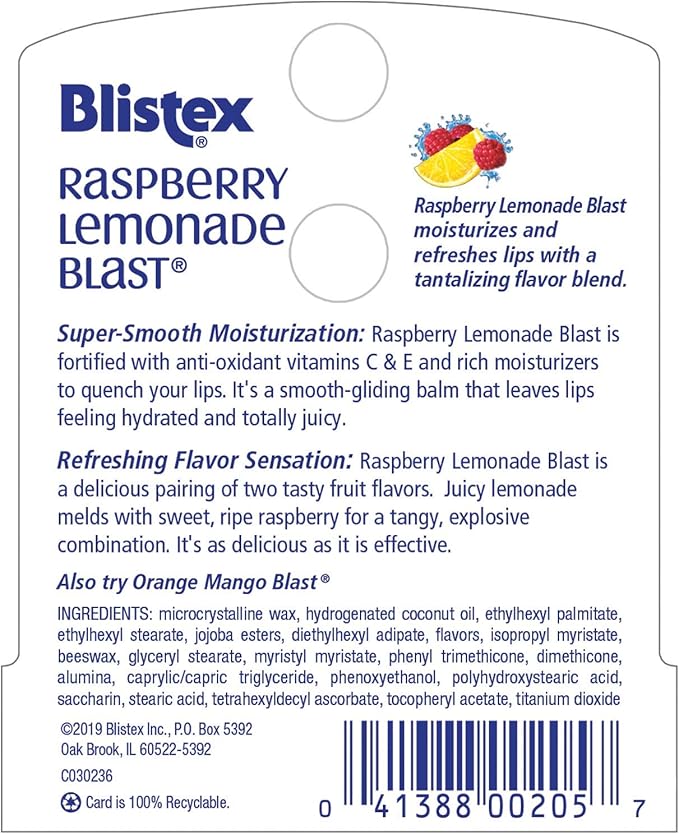 Blistex Raspberry Lemonade Blast Lip Balm, 0.15 oz. Moisturizes & Comforts Dry Lips, Refreshing Flavor Blend, Vitamin C and E, Easy Glide Formula for Full Coverage, Pack of 12