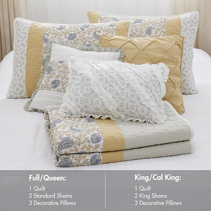 Madison Park 100% Cotton Quilt Set Floral Print, Double Sided Stitching, All Season, Lightweight Coverlet Shabby Chic Bedding Layer, Matching Shams, Full/Queen, Yellow 6 Piece