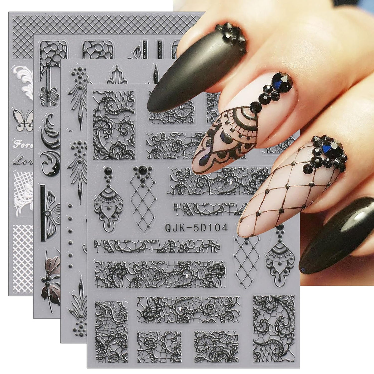 JMEOWIO 3D Embossed Black White Flower Nail Art Stickers Decals Self-Adhesive Pegatinas Uñas 5D Leaves Lace Nail Supplies Nail Art Design Decoration Accessories 4 Sheets