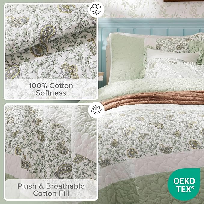 Madison Park Queen Quilt Set Cotton Coverlet Set with Cotton Filling for Queen Size Bed, All Season, Lightweight Queen Cotton Quilt Include Shams, & Décor Pillows, Dawn, Full/Queen Sage Green 6 Piece