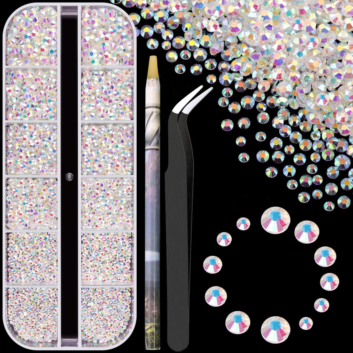 3600pcs Glass Transparent AB Nail Rhinestones 6 Sizes(1.8/2/2.4/2.8/3/4mm) Flatback Crystal Nail Charms Jewels Decoration for Nail Art and Crafting, Tweezer and Pickup Pen included