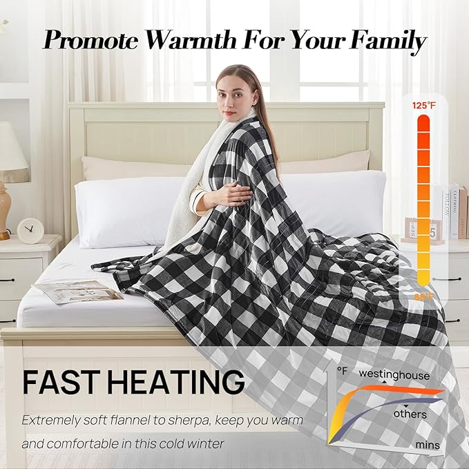 Westinghouse Electric Blanket Queen Size, Soft Flannel to Sherpa Heated Blanket with Dual Control 10 Heating Levels & 1 to 12 Hours Auto-Off, Machine Washable, Fast Heating, 84 * 90 Inch, Black